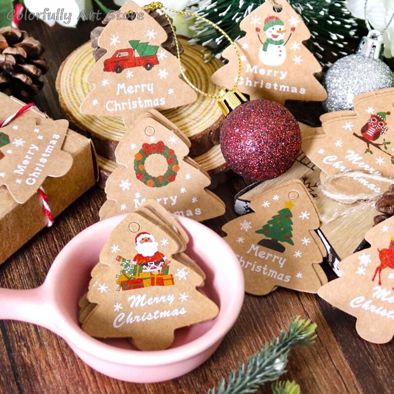 Etiqueta de árbol de Navidad, etiqueta de papel Kraft creativo Retro, etiqueta decorativa, artesanía, fiesta, regalo de negocios, tarjeta de felicitación con cuerda, 48 Uds.