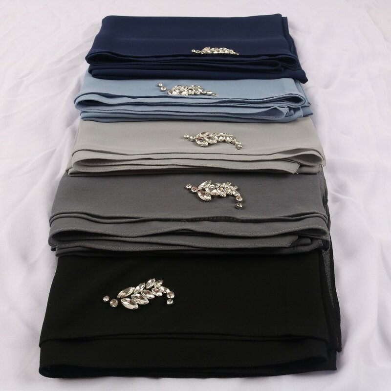 Foulard en mousseline de soie avec perles cousues à la main, 75x180 cm, voile en cristal, pierres AB, châle Hijab islamique pour femmes musulmanes