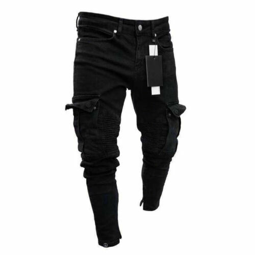 ผู้ชาย Biker Ripped กางเกงยีนส์ยาวกางเกง Skinny กางเกงยีนส์กางเกงทำลายยืด-สีดำกางเกง