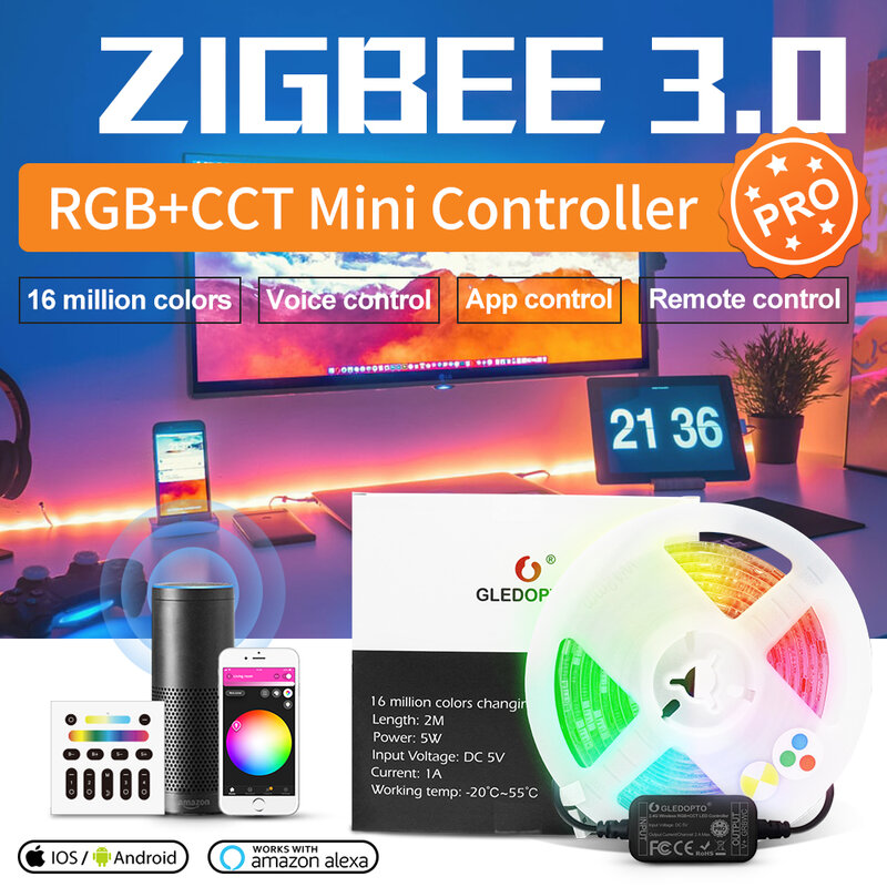 Gledopto Zigbee 3.0 Smart Mini LED Light Strip Controller ชุดเหมาะสำหรับตกแต่ง TV/คอมพิวเตอร์พื้นหลังห้องครัวห้องนอน