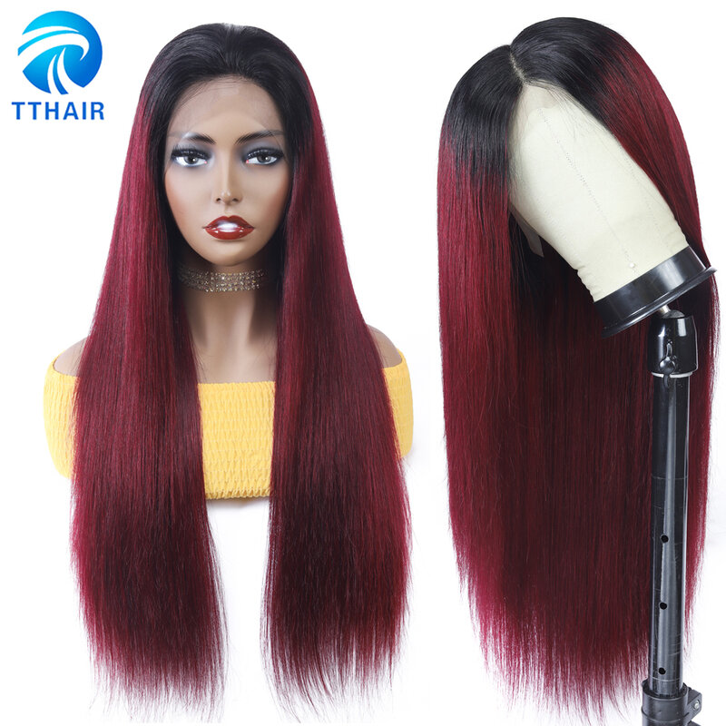 Tthair-peruca lace front com ombré, cabelo humano liso, ruivo escuro, renda transparente, brasileiro, remy 28"
