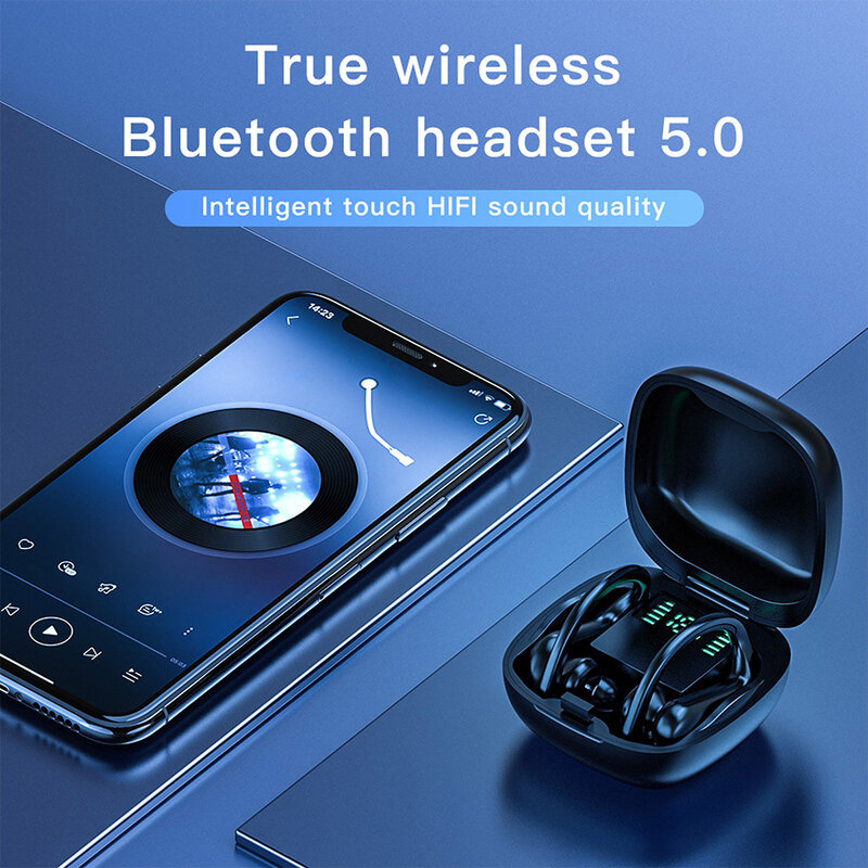 Headset Olahraga Bluetooth Nirkabel Md03 Tws 9d Tampilan LED Tahan Air Noise Cancelling dengan Mikrofon Stereo Headphone Kait Telinga