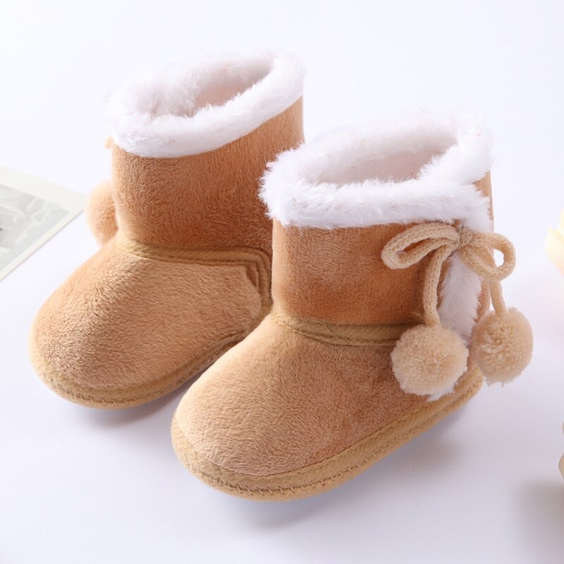 Weixinbuy-zapatos de algodón y terciopelo para bebé, botas de nieve de suela suave con doble Pompón, Color sólido, para primeros pasos