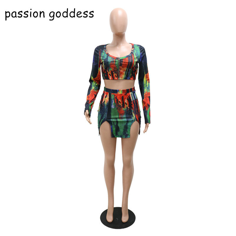 Conjunto de 2 piezas formado por Top corto y camiseta con cremallera y falda dividida, traje informal Sexy de estilo urbano para mujer, cuello de pico, 2021