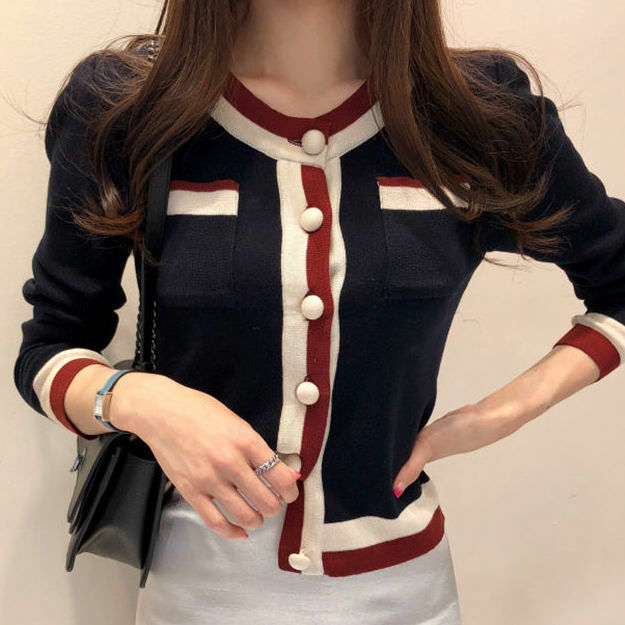 Women's Knitted Cardigan Contrast Color Round Collar Long Sleeves Pocket Decoration Top Wholesale 2021 New Elegant Lady Clothing