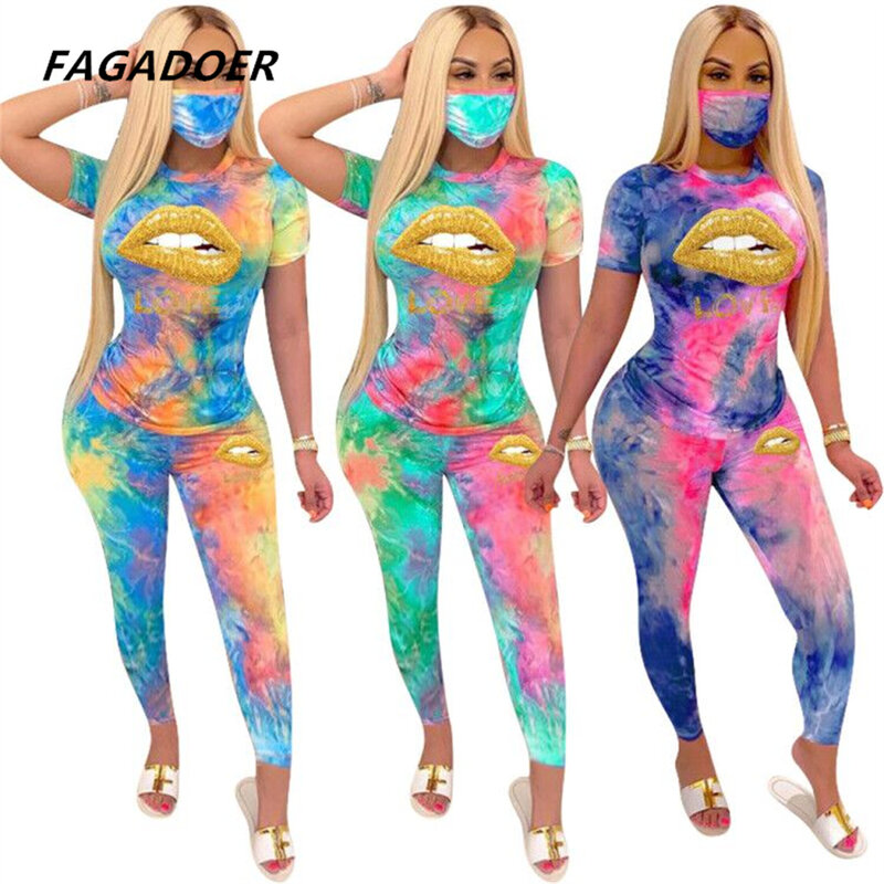 Plus Size Women Tie-Dye Two Piece Set Summer 2021 Clothes Casual Sportswear 2PCS Outfit Long Skinny Pants Sets Tracksuits 3XL