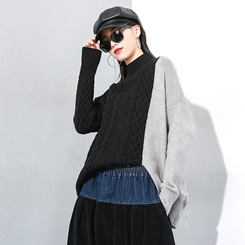 [EAM] 대비 색 큰 크기 뜨개질 스웨터 느슨한 맞는 라운드 넥 긴 소매 여성 새로운 패션 봄 가을 2020 1M028