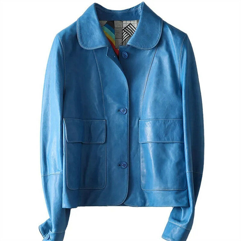 Vintage jaqueta de couro feminino 2022 primavera outono novo estilo azul plutônio couro moda temperamento duplo bolso jaqueta de couro topos