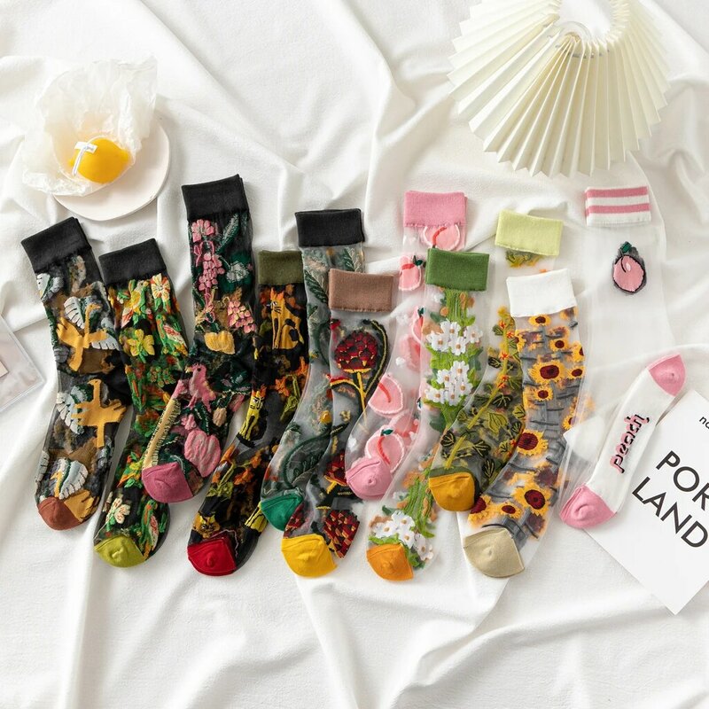 Calcetines tobilleros de seda con flores y animales para mujer, medias de malla delgada, de tul, transparentes, Retro