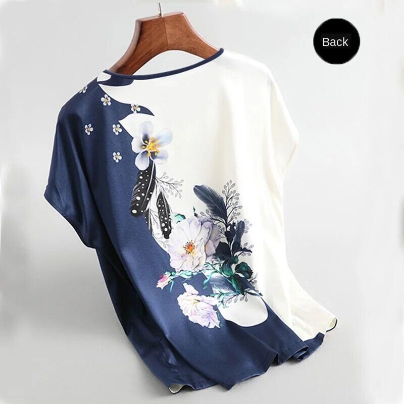 2021 New Women Silk Satin Blouses Plus size Batwing sleeve Vintage Print Floral Blouse Ladies Casual Short sleeve Tops