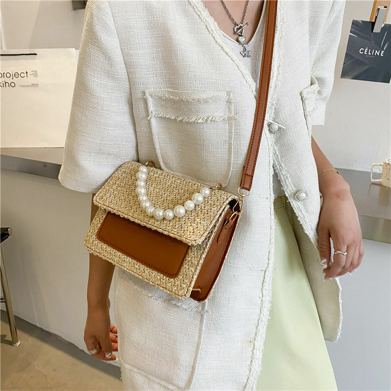 Crossbody-tasche Frauen Designer Schulter Tasche Weibliche Handtasche Geldbörse Stroh Perlen Mode 2021 Neue PU Leder Einfache Kontrast Farbe