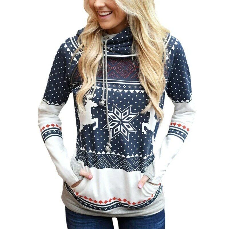 Sweter Pullover Longgar Kasual Bertudung Lengan Panjang Saku Print Natal Katun Gaya Baru Musim Gugur Wanita
