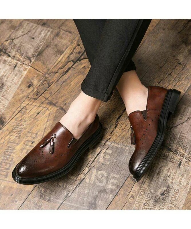 Men's Handmade PU Brown Retro Tassel Loafers Low Heel Comfortable Fashion Classic Fashion Business Casual Shoes  ZZ094