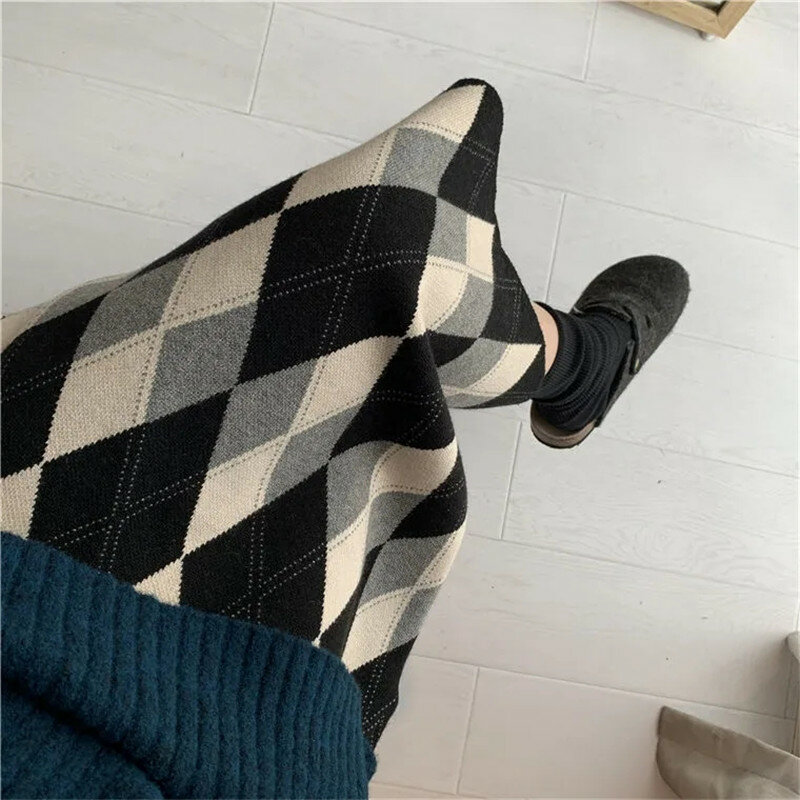 Jupe femme rhombus grade saias para mulheres elástico de cintura alta outono inverno 2022 moda coreana nova longa uma linha casual midi saia