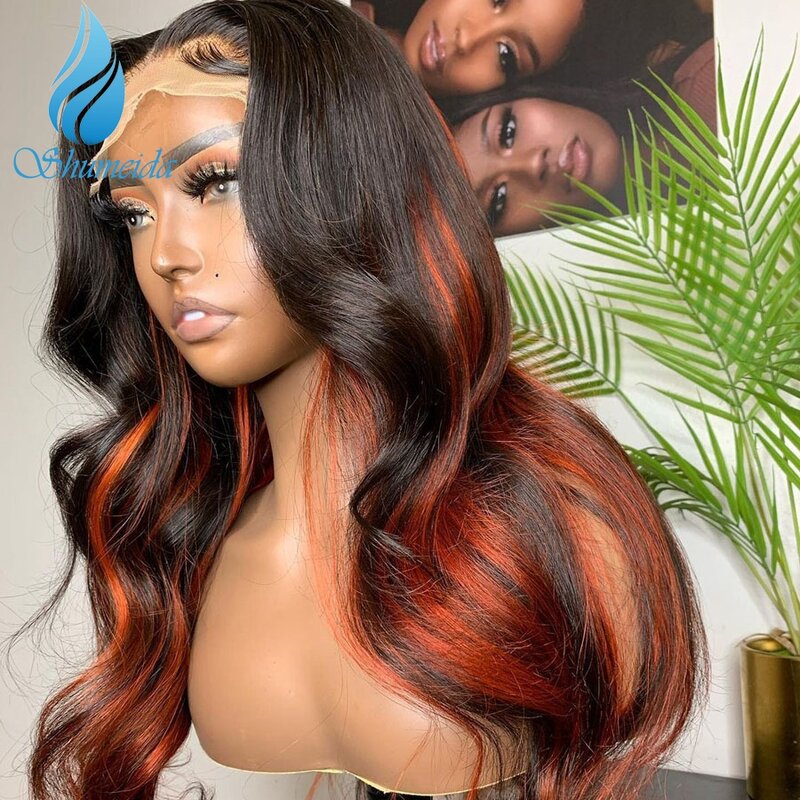 Shumeida Hoogtepunt Oranje Kleur 13*4 Lace Front Pruiken Braziliaanse Remy Human Hair Gluelss Pruik Vrouwen Baby Haar Preplucked haarlijn