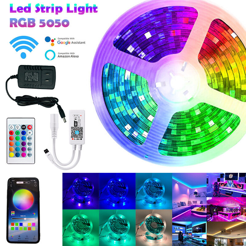 Tira de Luces Led RGB 5050, lámpara de luz de fondo Flexible, CC de 12V, SMD5050, 5m, 10m, 15m, 20m, Bluetooth, Wifi, cinta de diodo