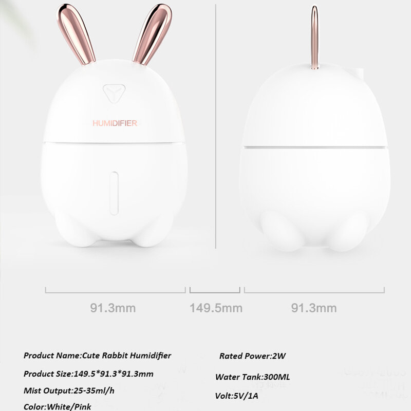 300ML Air Humidifier Cute Rabbit Ultra-Silent USB Aroma Essential Oil Diffuser Office Car Humidificador Air Purifier Mist Maker