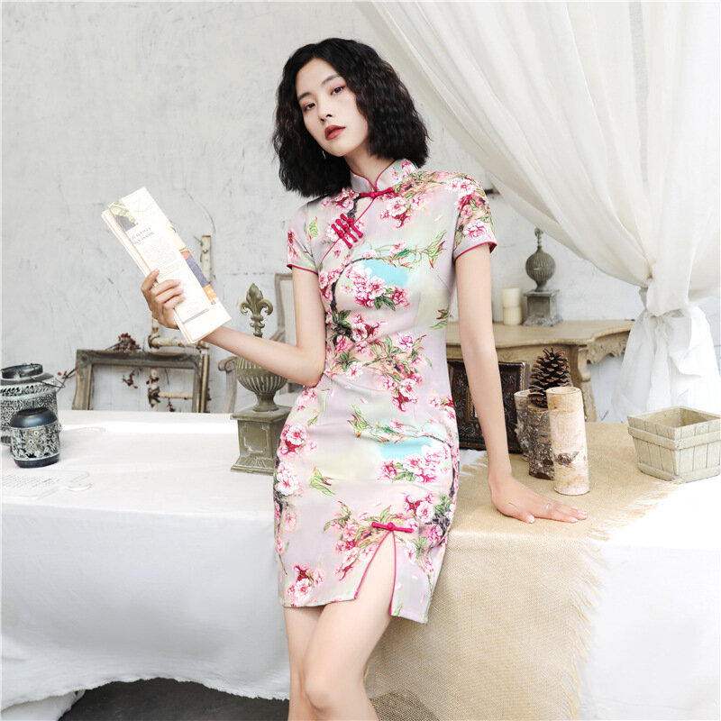 Summer Cheongsam Young Girl Cute Anime Rabbit Cherry Blossom Pink Chinese Style Dress Girl Pink Cat Print Black Color S-3xl