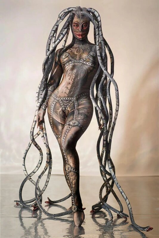 Kostiumy klub nocny Bar halloweenowy Event fałszywe ciała druku obcych wąż Medusa kombinezon ze spodniami wydajność