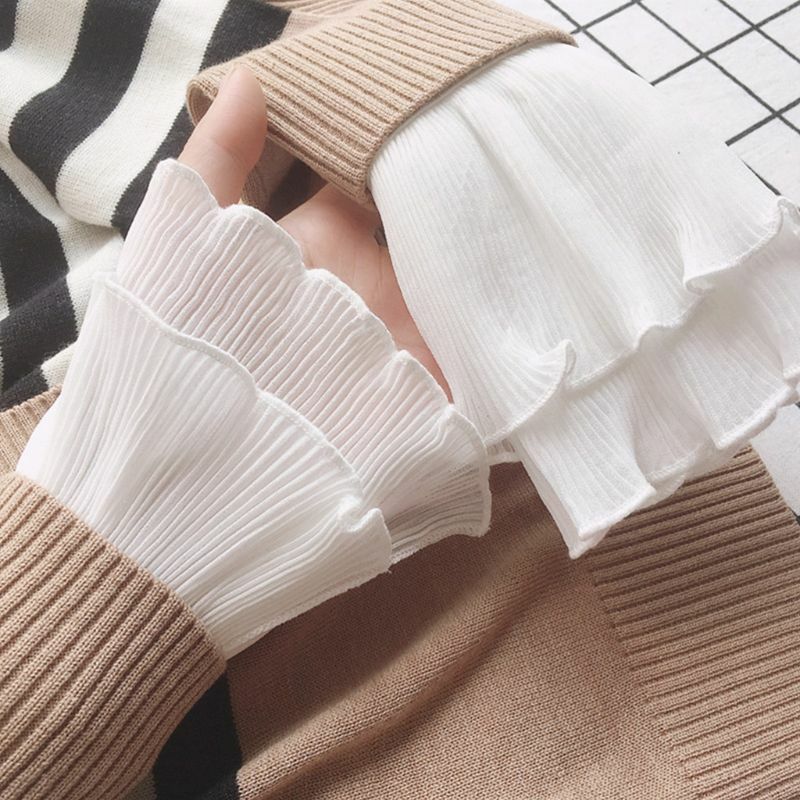 Japońskie kobiety warstwowe prążkowane prążkowane rogi mankiety Agaric Ruffles pomarszczony jednokolorowy odpinany fałszywy rękaw ocieplacz na nadgarstek