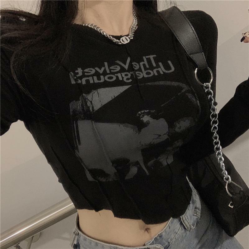 Yedinas Casual Slim T-shirt For Women O Neck Long Sleeve Sexy Crop Top Grunge Letters Print Female Korean Fashion Clothing 2021