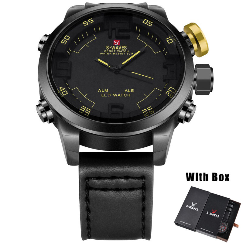 Swaves Mens Relógios Com Box Dual Display Led Analógico Digital Watch Men Sports Quartz Pulseira de Couro À Prova D' Água Relojes Hombre