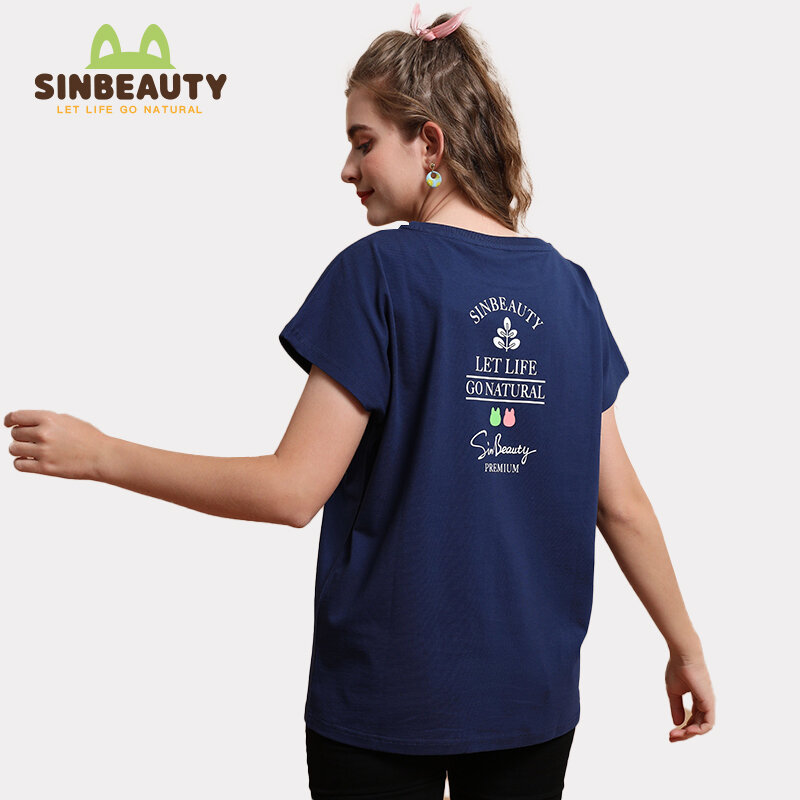 Sinbeauty feminino verão curto sleev camiseta simples tripulação pescoço personalizado impressão dos desenhos animados solto estilo médio e longo
