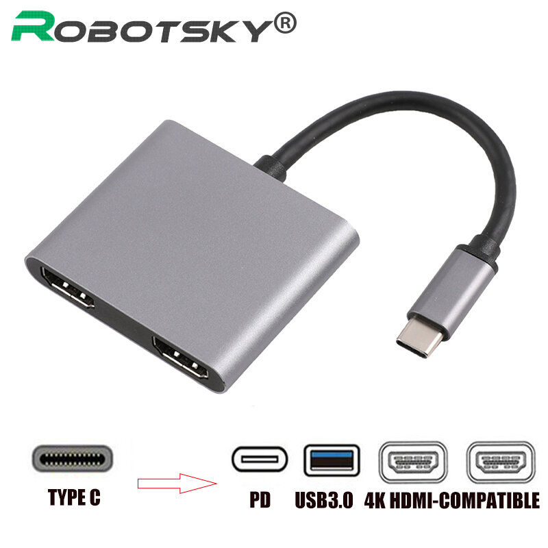 4K HD USB ประเภท C ถึง Dual HDMI 87W USB 3.0 HUB แบบ Dual หน้าจอ USB C HDMI Audio Video Converter