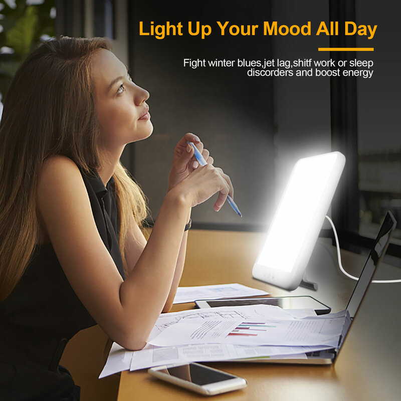 Lâmpada para o sol de depressão, lâmpada triste para terapia de 10000 lux luz de dia com brilho ajustável sem uv e cor