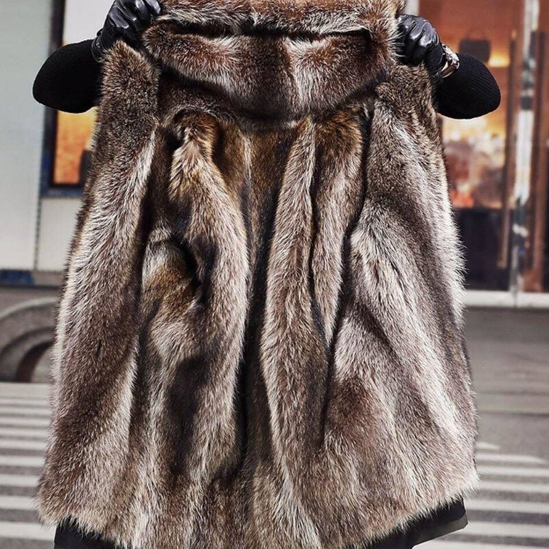 Пальто мужское зимнее длинное с большим меховым воротником, искусственный мех енота
