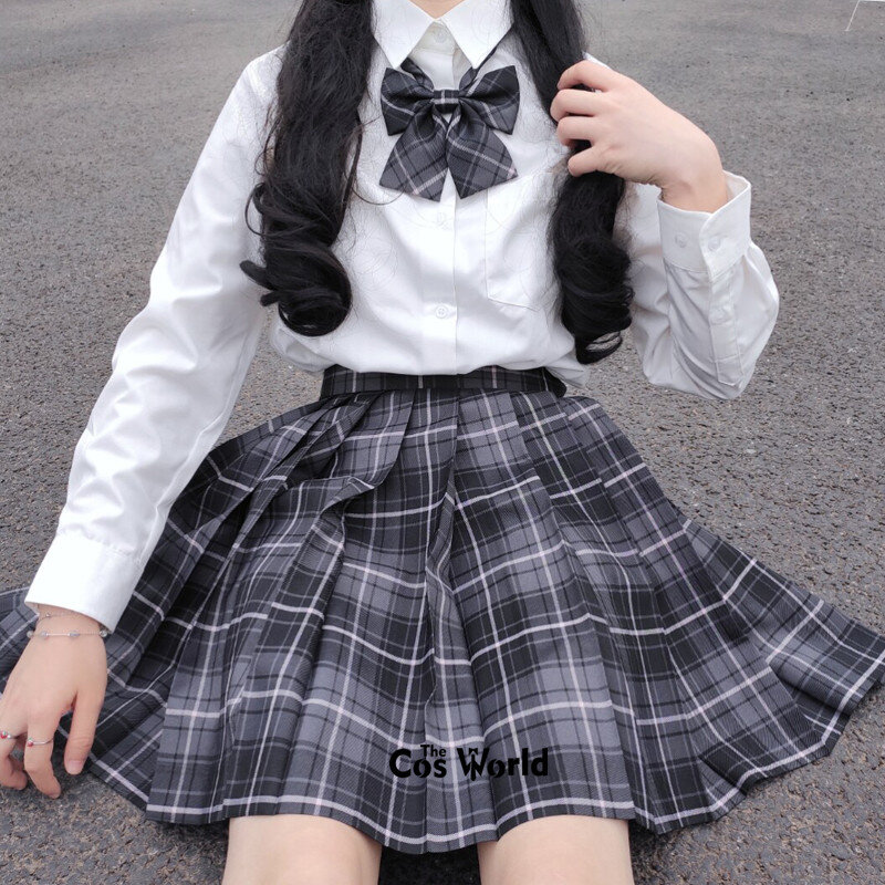 [رمادي سموكي] فتاة المرأة اليابانية الصيف عالية الخصر مطوي منقوشة التنانير ل JK زي مدرسي الطلاب الملابس