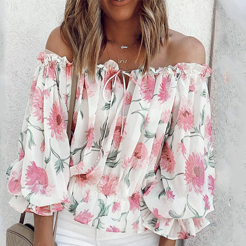 2021 Summer Women Casual Oversize Sexy Blouse Long Sleeve Tee Shirts Ruffles Off Shoulder Floral Print Lantern Sleeve Top