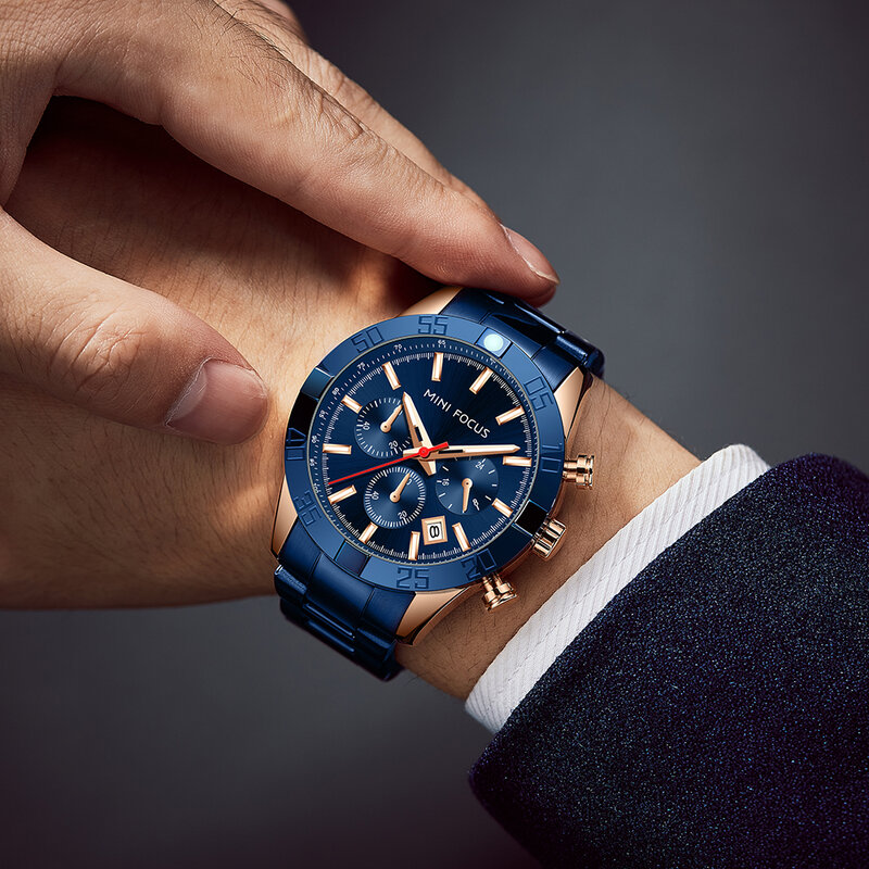 MINI FOCUS นาฬิกาสีฟ้า Multifunction Sub-Dials ปฏิทินธุรกิจผู้ชายนาฬิกาข้อมือควอตซ์สแตนเลสสตีล Dropship