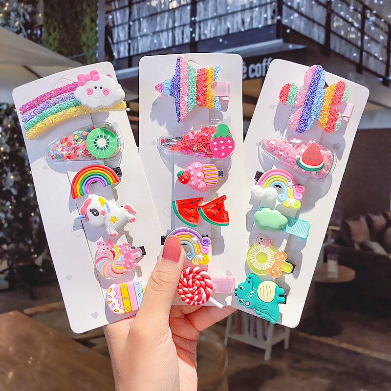 Presentes para cabelo com prendedores de arco-íris, acessórios adoráveis para cabelo com 6 estilos de desenhos animados para meninas