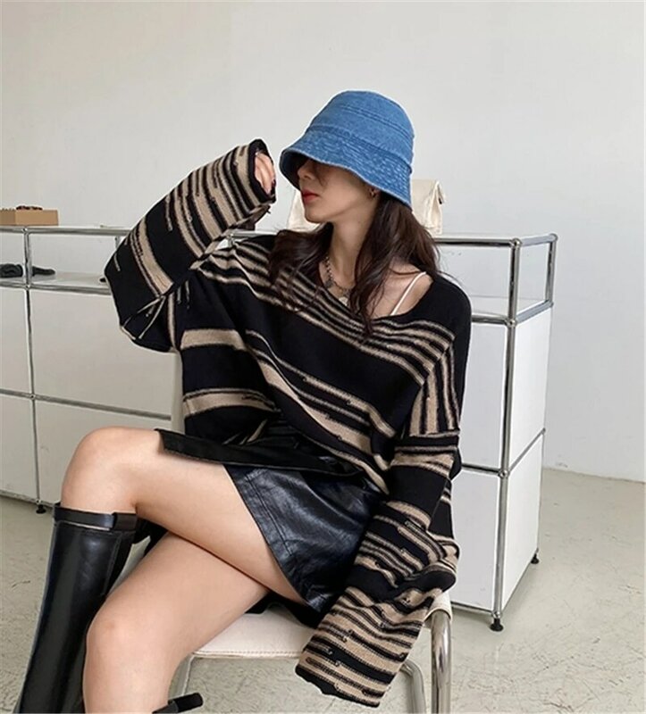 New Women's Punk Gothic Striped Long Sleeve Loose Patchwork Sweater Hip Hop Retro Oversized Pullover Casual Knit Pullover