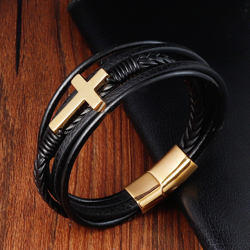 Classic Design Cross Bracelets Men Genuine Leather Stainless Steel Magnet Clasp Charms Hand Bracelet Homme Men's Christmas Gifts