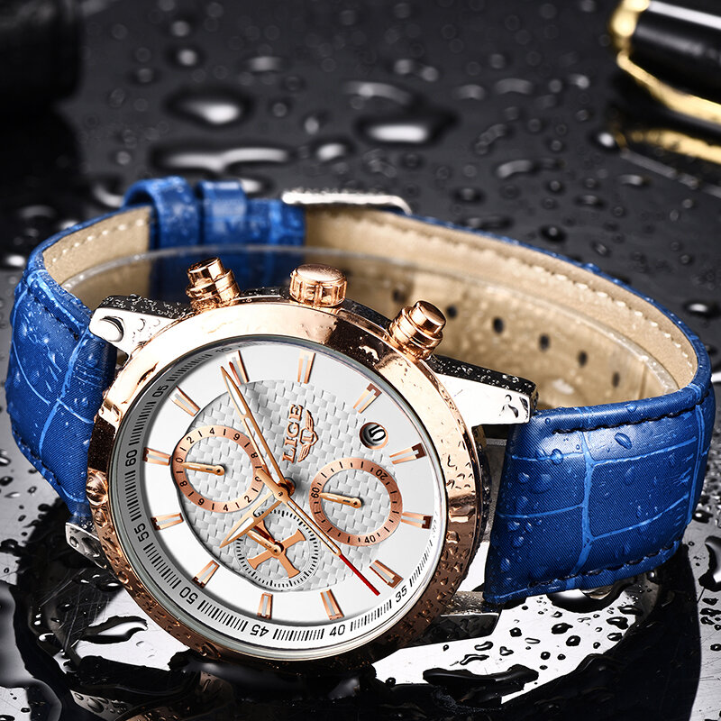 Lige relógio masculino luxuoso de marca 2020, relógios de pulso masculinos de couro azul de negócios, relógio para homens