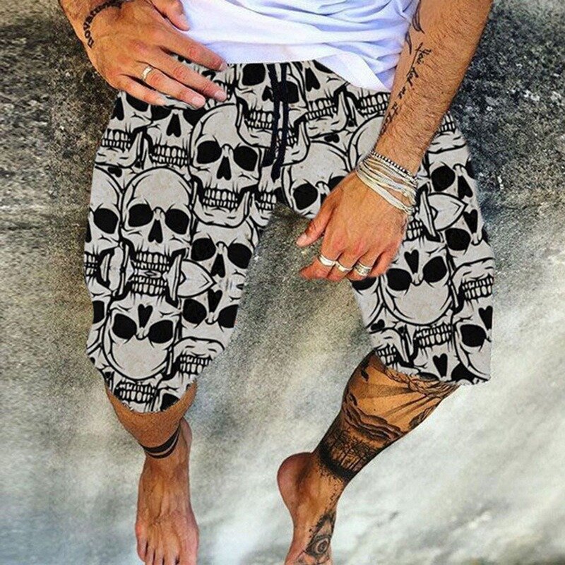 Vintage skull print men algodão linho shorts casual solto drawstring praia calças curtas para o sexo masculino 2021 verão moda streetwear 4xl