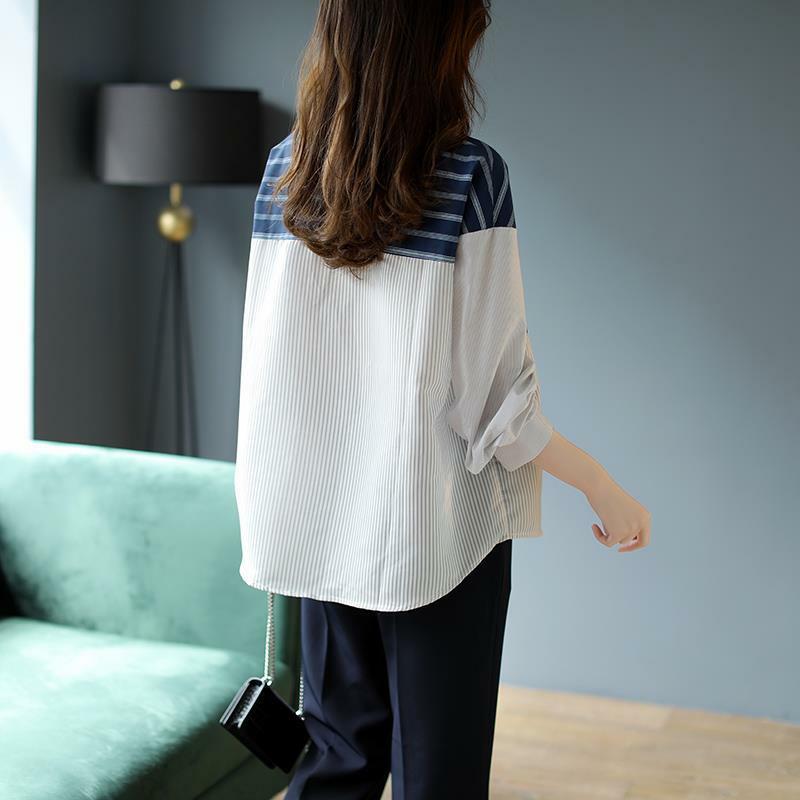 Striped Stitching Shirt Women's Loose Long-sleeved Shirt Spring 2021 New Casual Retro Shirt Trend
