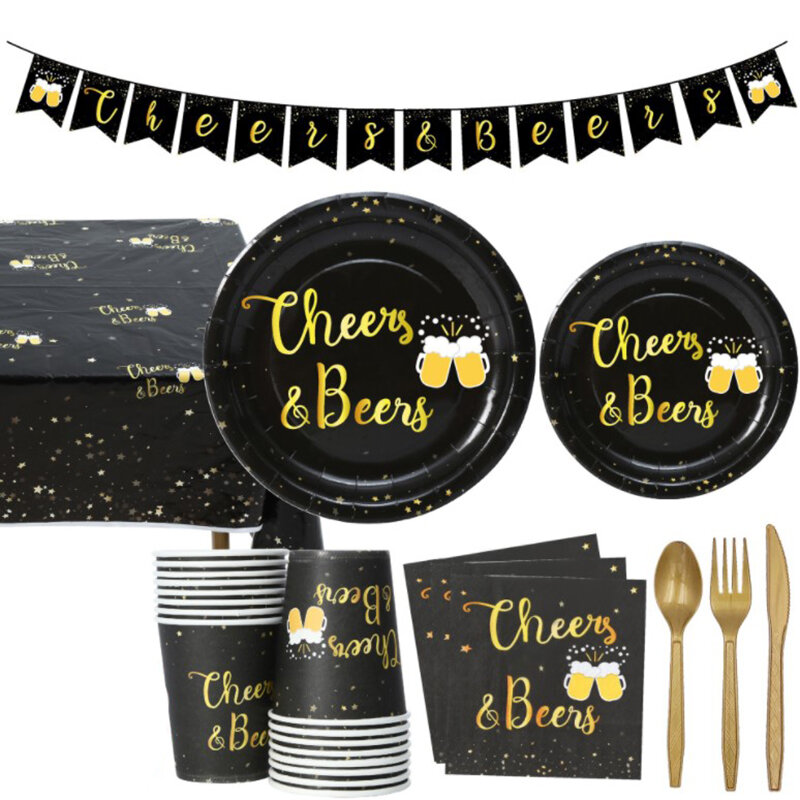 어린이 성인 생일 파티 블랙 골드 일회용 식기 종이 접시 컵 냅킨 파티 용품 웨딩 장식