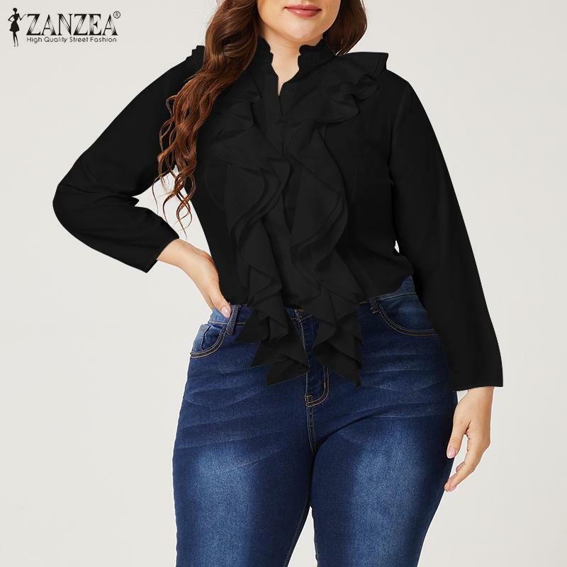 ZANZEA Plus ฤดูใบไม้ผลิฤดูใบไม้ร่วงผู้หญิงเสื้อสุภาพสตรีเสื้อ Ruffles เสื้อแขนยาวทำงาน Flounce Blusas 3XL