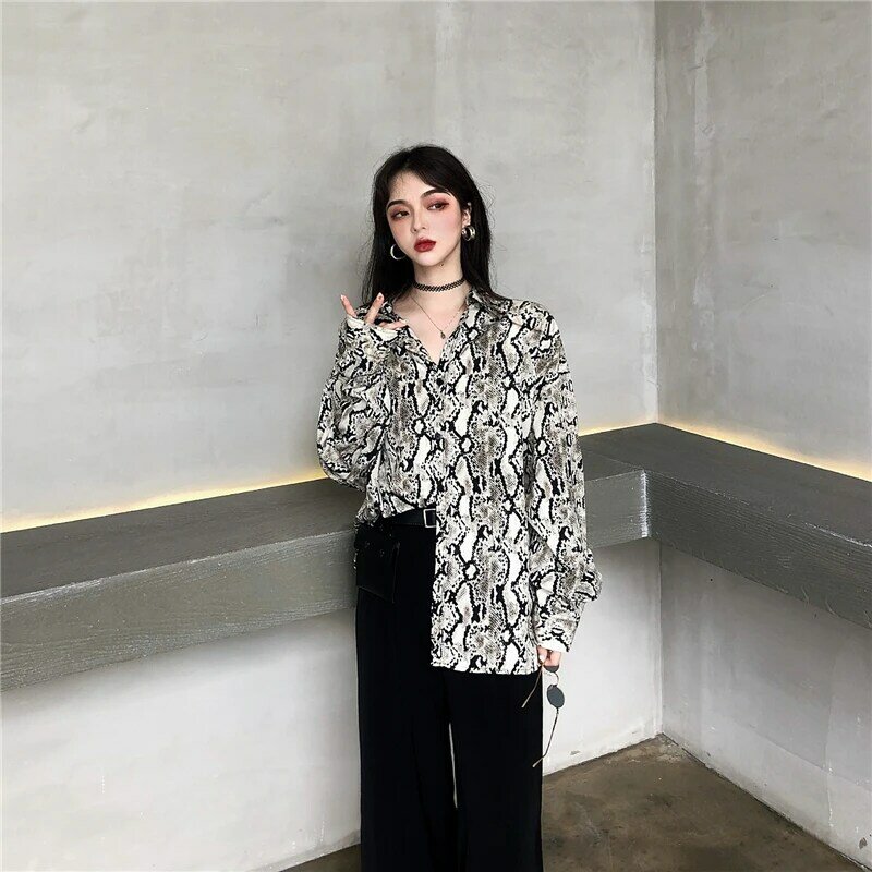 2021 jesienno-zimowa nowa Retro skóra węża koszula damska z długimi rękawami styl Hong Kong elegancki Top styl bajki koszula damska
