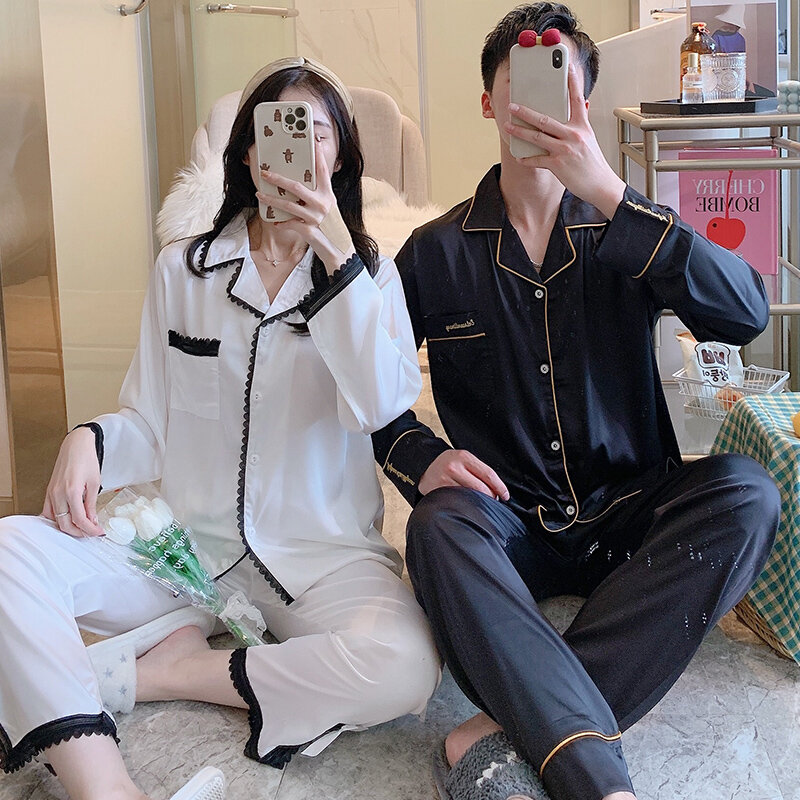 Couple Men's Pajamas Women's Spring and Autumn Ice Silk Blue and White Long Sleeve 2021 New Real Silk Summer Home Wear Suit