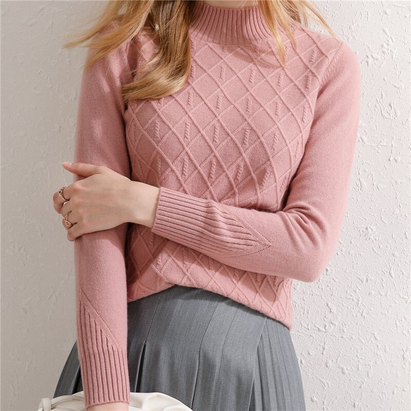 Suéter de lana pura 2021 para mujer, camisa de fondo adelgazante de cuello alto, suéter suelto de manga larga, suéter de temperamento, versión coreana