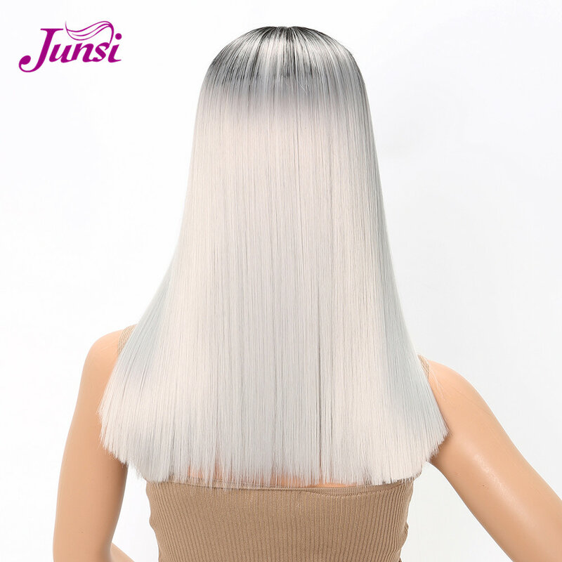JUNSI Hair Ombre Grey Wigs Short Straight Heat Resistant Synthetic Hair for Women Cosplay or Party Bob Wigs
