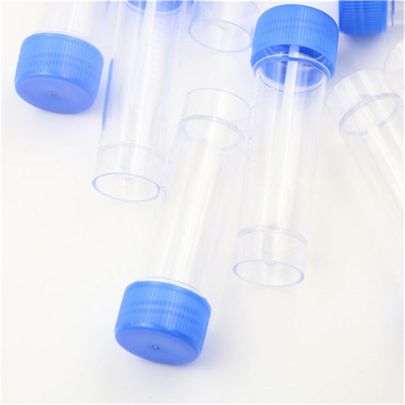 10pcs 30ml kruk fles plastic urine buis met lepel clear specimen test container blauw schroef top groothandel