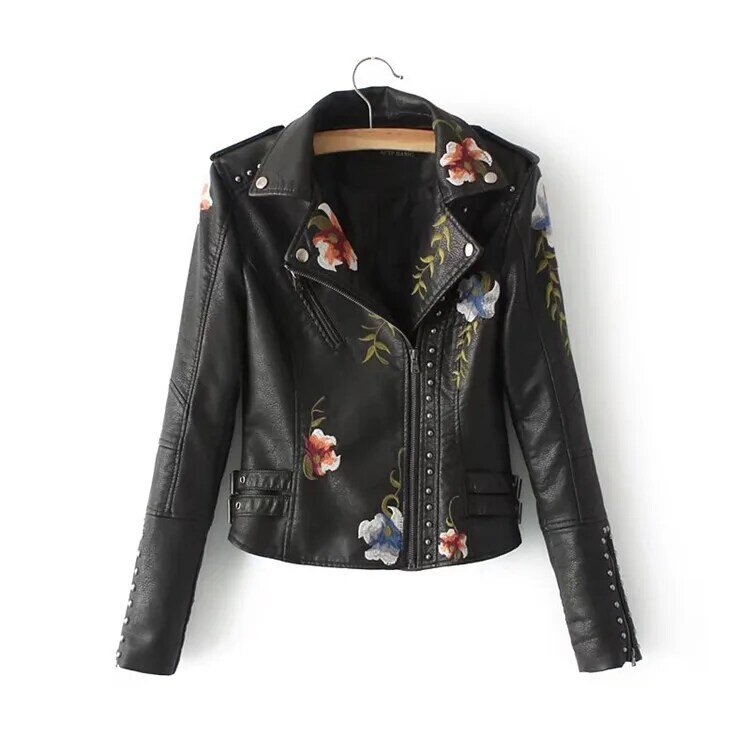 2020 Coat Embroidery faux leather PU Jacket Women Spring Autumn Fashion Motorcycle Jacket Black faux leather coats Outerwear