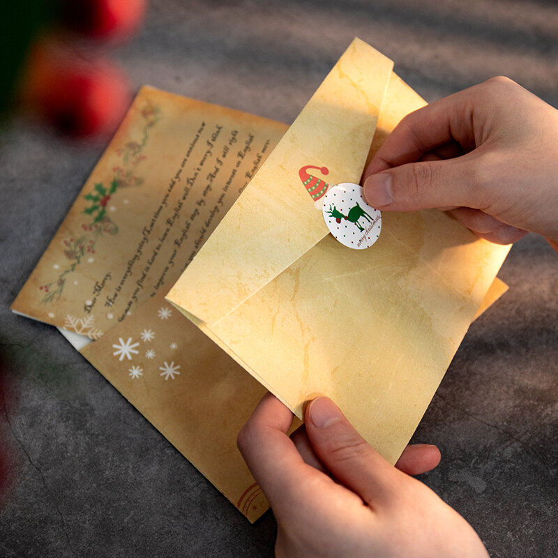 6Sets Kerst Kraft Brief Pad Envelop Retro Kerstman Brief Papier Xmas Party Uitnodiging Gift Envelop Met Accessoires