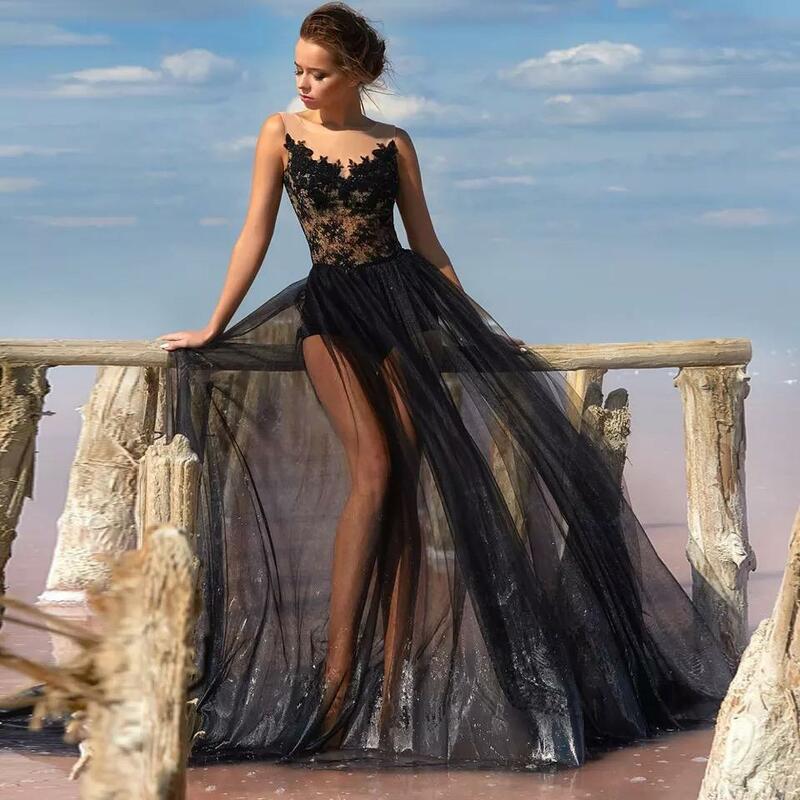 Black Beach Evening Dresses A-Line Sheer O-Neck Lace Appliques Party Prom Gown With Sexy Illusion Tulle Floor Length Limited