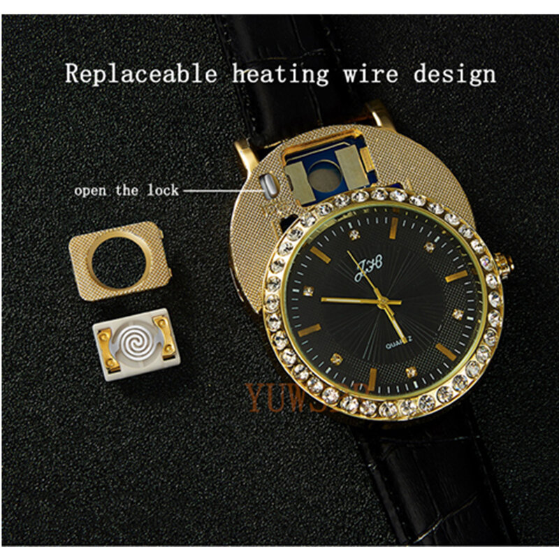 ไฟแช็กนาฬิกาควอตซ์นาฬิกา USB ชาร์จ Diamond Dial Casual Windproof Lighter นาฬิกาสำหรับชาย JH391-1 1Pcs